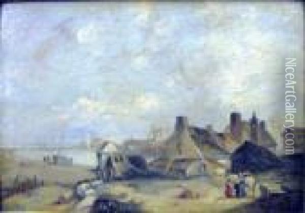 Village On An Estuary Oil Painting - Thomas Creswick