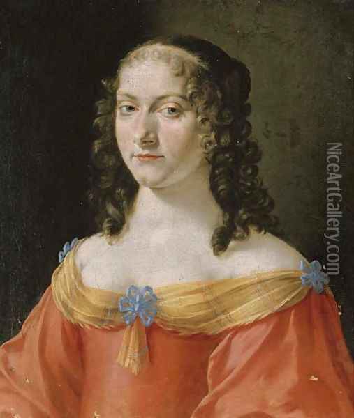 Portrait of a lady, half-length, in a red and gold dress Oil Painting - French School