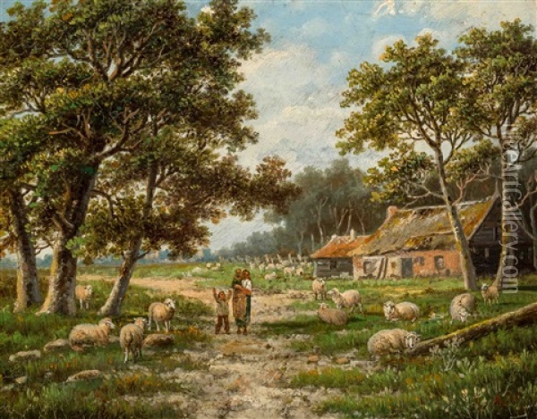 Family In A Sheep Meadow Oil Painting - Hendrik Barend Koekkoek