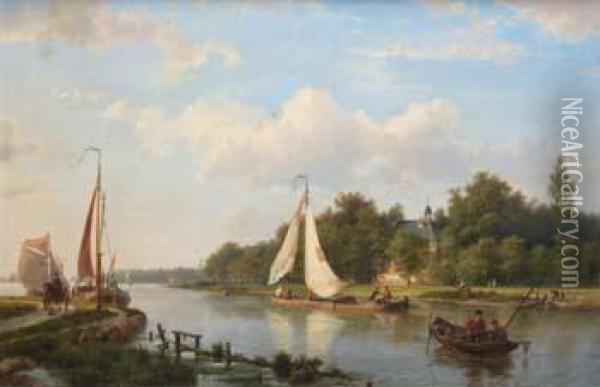 Koekkoek, Snr. , River Scene With Fishermen Oil Painting - Hermanus Koekkoek