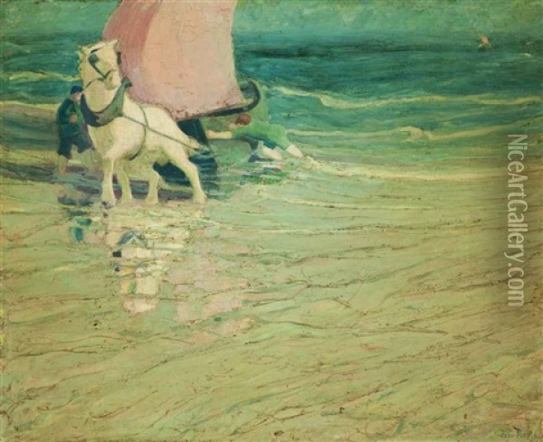 Towing The Boat Ashore Oil Painting - John Noble