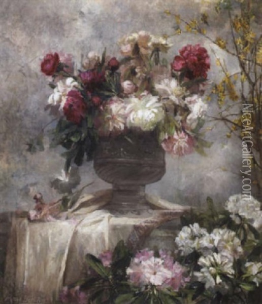 A Still Life With Peonies In An Urn And Rhododendrons On A Ledge Below Oil Painting - Marie De Bievre