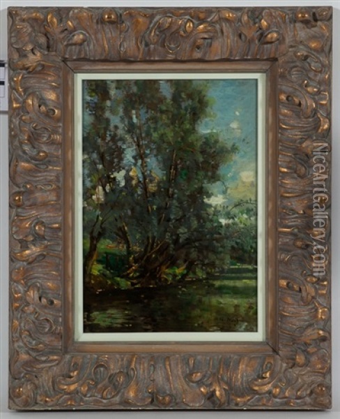Robert Noble Rsa Pssa  River Landscape Near The Mill Oil Painting - Robert Noble