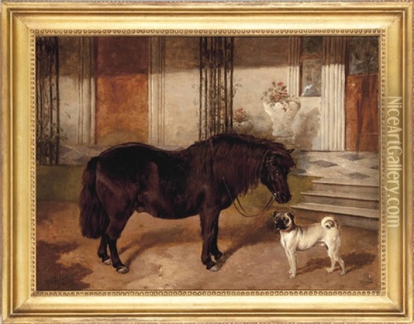 A Shetland Pony And A Pug Oil Painting - James Thomas Wheeler