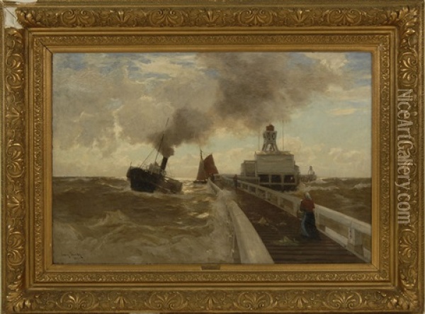 Steam Vessel Off An Ocean Pier Oil Painting - Erwin Carl Wilhelm Guenther