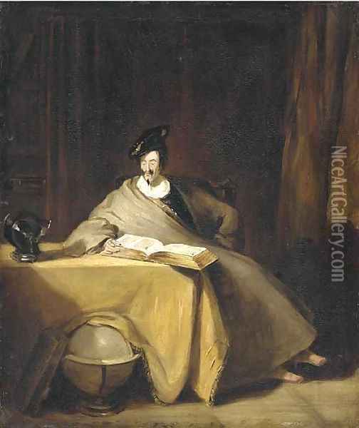 An elegant figure seated at a table reading a book, with symbols of the active and contemplative lives Oil Painting - Henry Liverseege