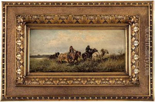 Zwei Reitende Bauern Auf Ihren Arbeitspferden In Wiesenlandschaft Oil Painting - Ignaz Ellminger