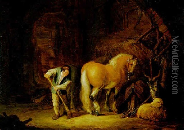 Stallansicht Mit Einem Knecht, Pferd, Schaf Und Ziegenbock Oil Painting - Isaac Van Ostade