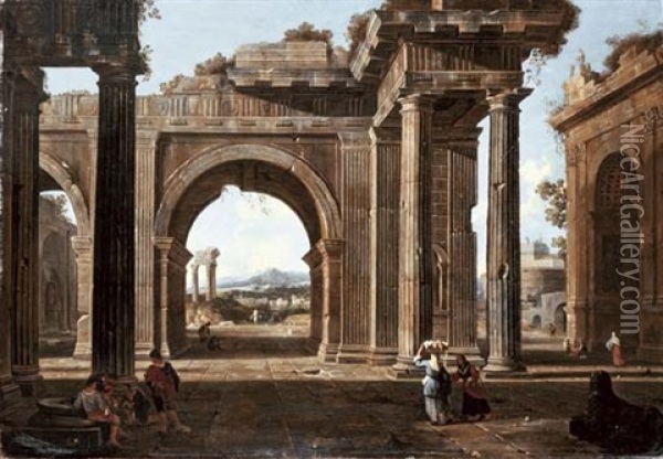 A Capriccio Of Classical Ruins With The Arch Of Titus, The Temple Of Vespasian, The Castel Sant'angelo And The Roman Campagna Beyond Oil Painting - Jean (Lemaire-Poussin) Lemaire