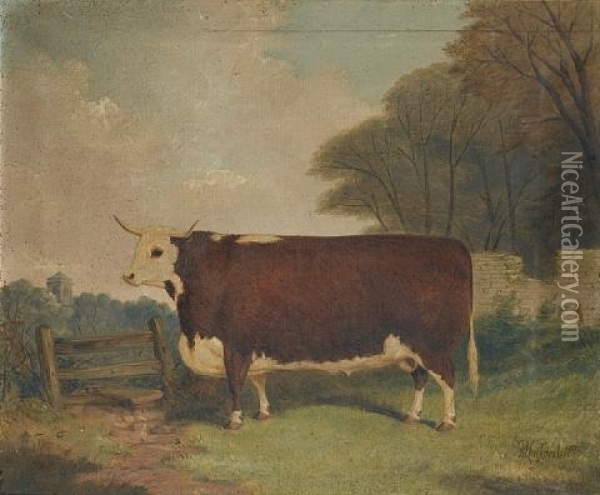A Prize Cow By A Gate Oil Painting - Richard Whitford Jr.