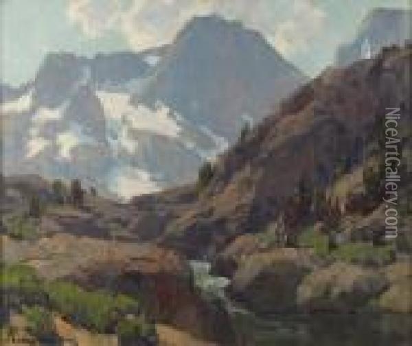 Shadow Creek With Banner And Ritter Peaks Inthe Distance, Western Sierras Oil Painting - Edgar Alwin Payne