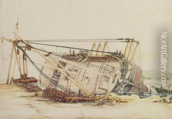 An Armed Vessel Careened On The 
Beach With Its Cannon Ashore And Workers Cleaning Its Hull Oil Painting - Edward William Cooke
