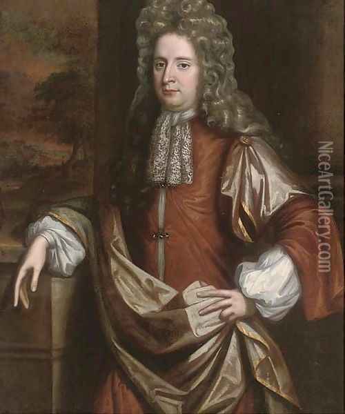Portrait of George, Prince of Denmark (1653-1708), three-quarter-length, in classical dress, a landscape beyond Oil Painting - Sir Godfrey Kneller