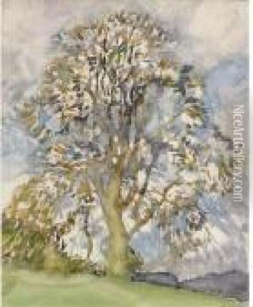 Oak Tree In Spring; A Corner Of The Farmyard (illustrated) Oil Painting - George Clausen