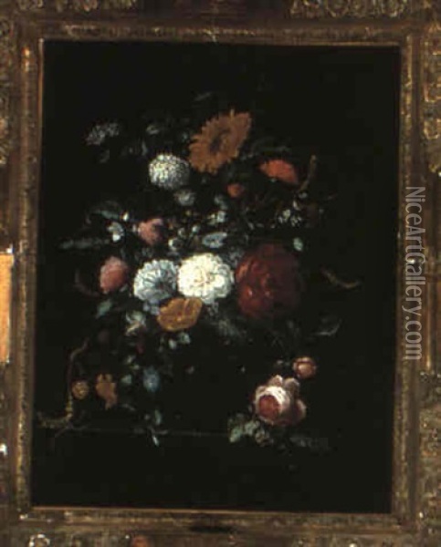 Still Life Of Flowers In A Vase On A Stone Ledge Oil Painting - Abraham Mignon
