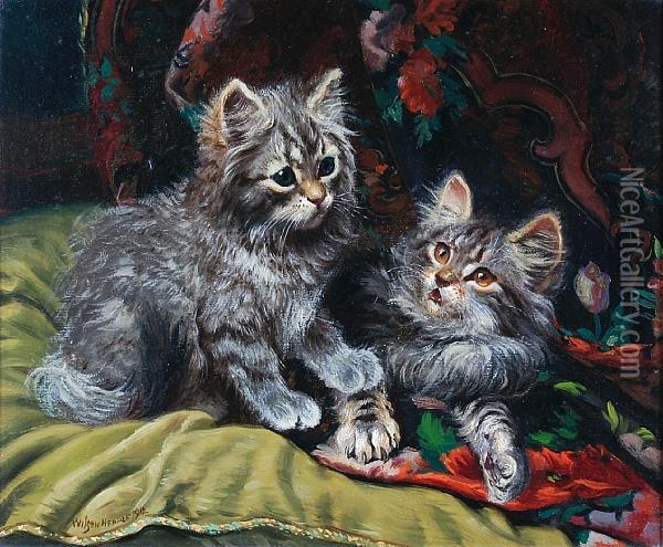 Two Playful Kittens Oil Painting - John Wilson Hepple
