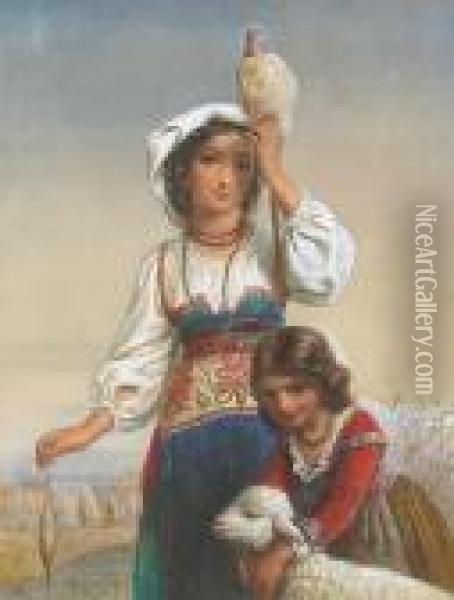 Italian Peasant Girls With A Lamb Oil Painting - Laurent Joseph Daniel Bouvier