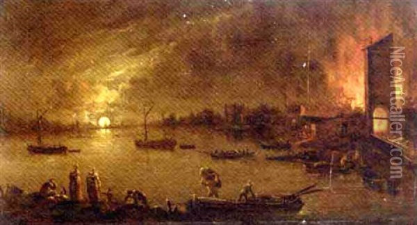 A Moonlit Riverside Town On Fire Oil Painting - Jean Francois de Wouters