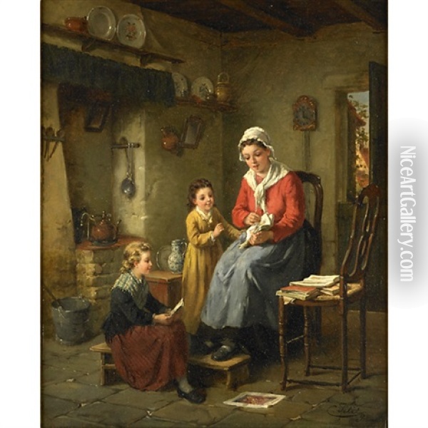 An Interior Domestic Scene Oil Painting - Charles Petit