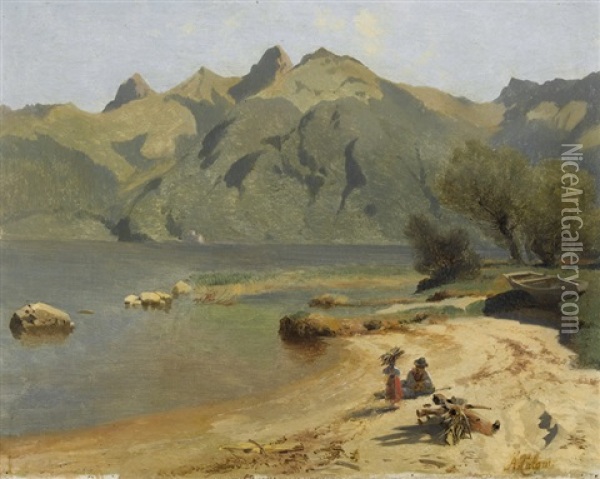 Bergsee Mit Holzsammlern Am Ufer Oil Painting - Alexandre Calame