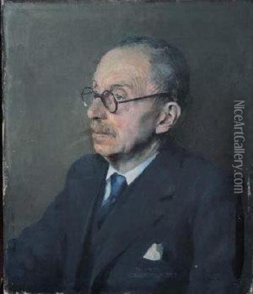 A Portrait Of A Gentleman Wearing Round Tortoiseshell Spectaclesand A Grey Three-piece Suit Oil Painting - William Irving