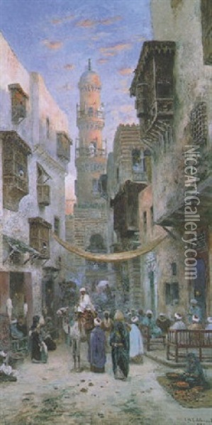 A Busy Street In Cairo Oil Painting - Frans Wilhelm Odelmark