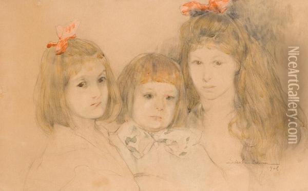 Three Children Portrait Oil Painting - Stanislaw Bohusz-Siestrzencewicz