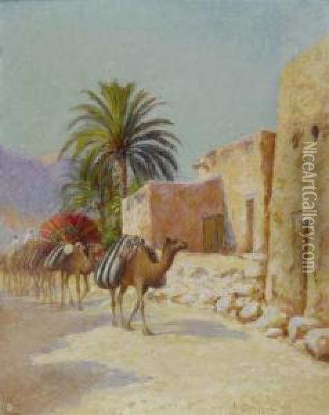 Caravan At The Edge Of An Oasis Oil Painting - Alexis-Auguste Delahogue