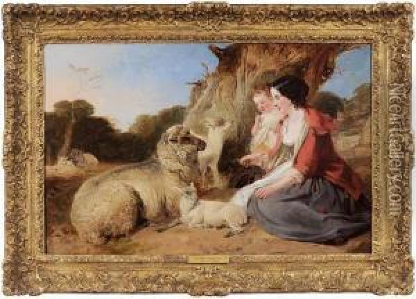 Shepherdess And Child With Sheep Oil Painting - Richard Ansdell