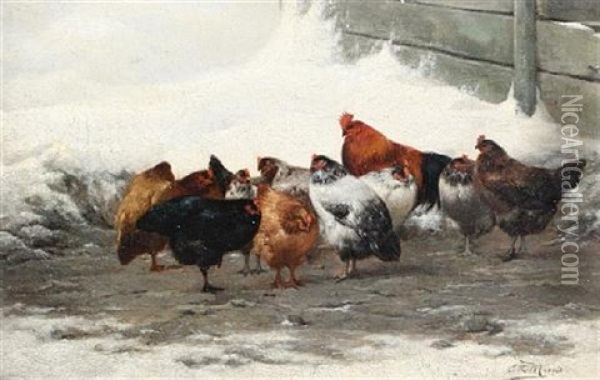 Chickens In A Snowy Yard (a Hen And Her Chicks; Pair) Oil Painting - Eugene Remy Maes