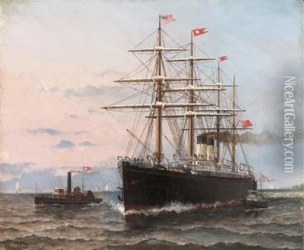 A Steamship Entering New York Harbor Oil Painting - Fred Pansing