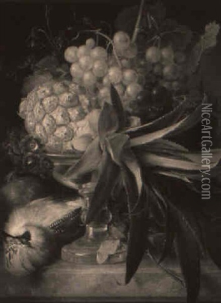 A Still Life Of Grapes, Pineapple, Flowers And Dead Bird Oil Painting - Anton Weiss