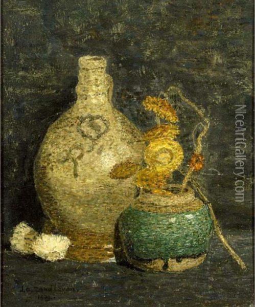 A Still Life With Flowers In A Gingerjar Oil Painting - Jan Adam Zandleven