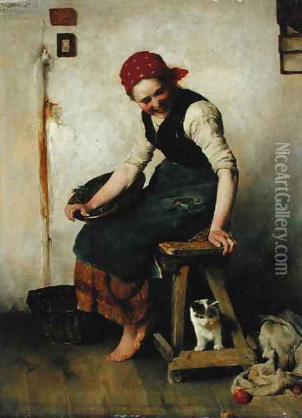 Young Girl with a Cat, 1884 Oil Painting - Theodor Schmidt