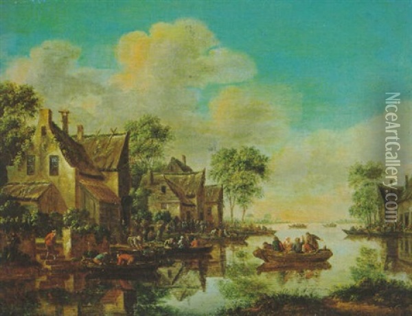 Dorf An Einem Flus Mit Booten Und Vielen Figuren Oil Painting - Thomas Heeremans