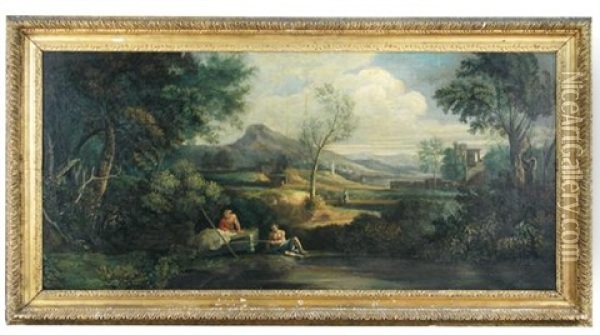 An Italianate Landscape With Travelers Resting By A Lake Oil Painting - Jan Frans van Bloemen