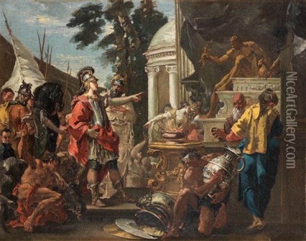 Alexander Paying Homage To Jupiter At The Temple Of Jupiter Oil Painting - Giustino Menescardi