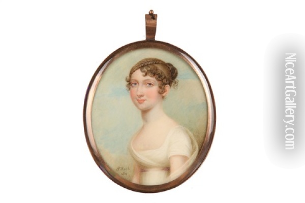 Portrait Miniature Of A Young Lady In White Dress With Pink Ribbon Sash Oil Painting - Sampson Towgood Roch