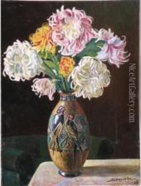 Nature Morte Aux Chrysanthemes Oil Painting - Adolphe Crespin