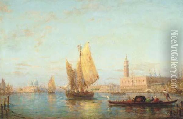 Bragozzi And Gondolas In The Bacino Of San Marco With The Palazzoducale Beyond, Venice Oil Painting - Felix Ziem