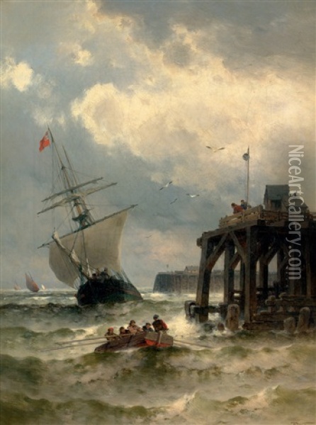 Schiffe Und Boote In Sturmischer See Bei Einem Anleger Oil Painting - Theodor Alexander Weber