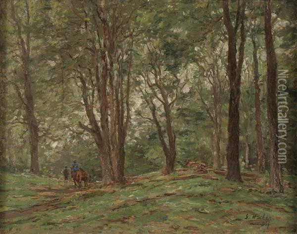 Two Horseback Riders On Wooded Path-1891 Oil Painting - Georg Hacker