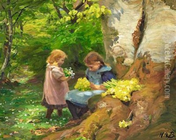 Springtime With Two Girls Picking Anemones And Primroses In Hunnerup Forest Near Odense Oil Painting - Hans Andersen Brendekilde
