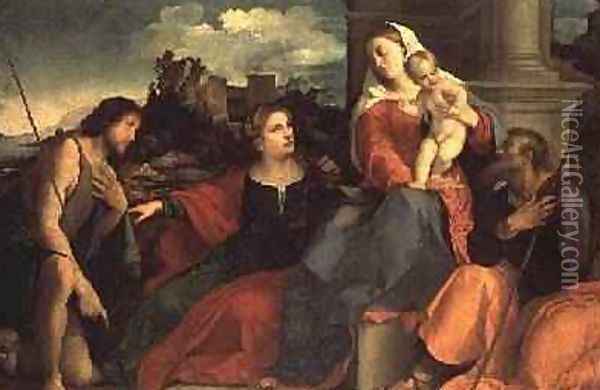 Madonna and Child with St. John the Baptist and Saints, 1530 Oil Painting - Palma Vecchio (Jacopo Negretti)