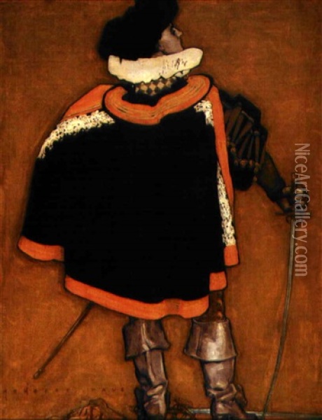 Cavalier With Cape And Drawn Sword Seen From Back Oil Painting - Herbert Paus