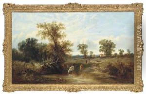 Rural Landscape With Cattle Watering Oil Painting - James Edwin Meadows