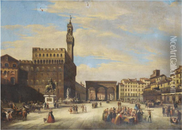 Florence, Piazza Della Signoria Oil Painting - Giuseppe Gherardi