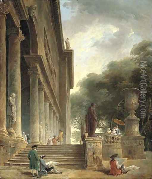 Colonnade et jardins du Palais Medici Gentlemen sketching in an Italianate garden Oil Painting - Hubert Robert