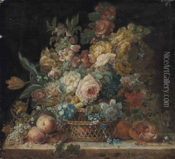Roses, Convolvulus, Parrot Tulips And Other Flowers In A Wicker Basket, With Grapes, Peaches And A Pomegranate On A Stone Ledge Oil Painting - Cornelis van Spaendonck