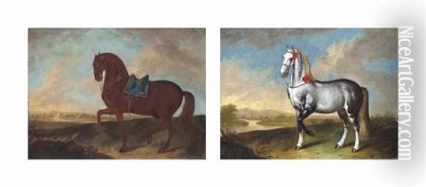 A Lipizzan In A Landscape, A River Beyond; And A Charger With A Blue Saddle In A Landscape, A River Beyond (2 Works) Oil Painting - Philipp Ferdinand de Hamilton